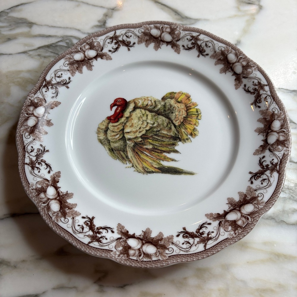 Williams Sonoma 9" Turkey Salad Plates Set of 4 White Brown Acorn Trim Porcelain - Picture 4 of 9
